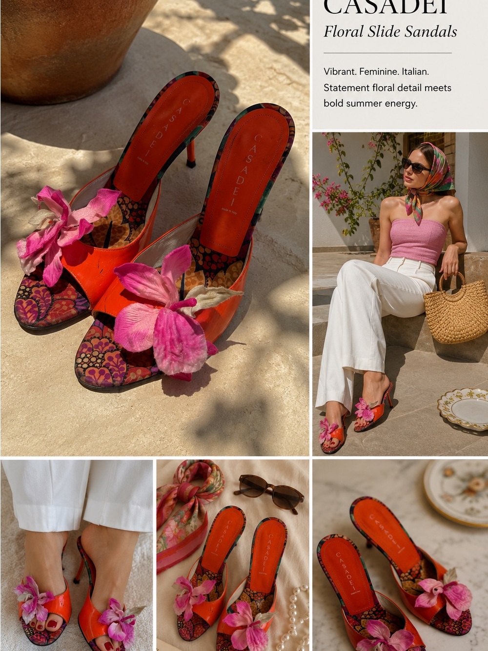 Casadei Floral Mules Orange Patent Leather Heels Made in Italy Size 11B